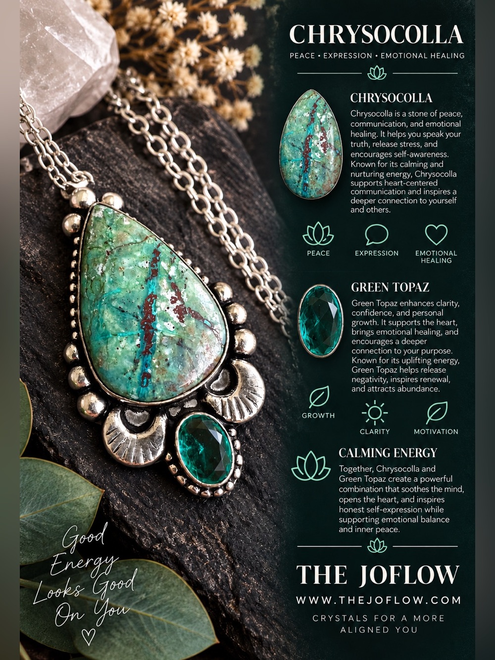 925 Personal Power Chrysocolla + Emerald Topaz Pendant Necklace